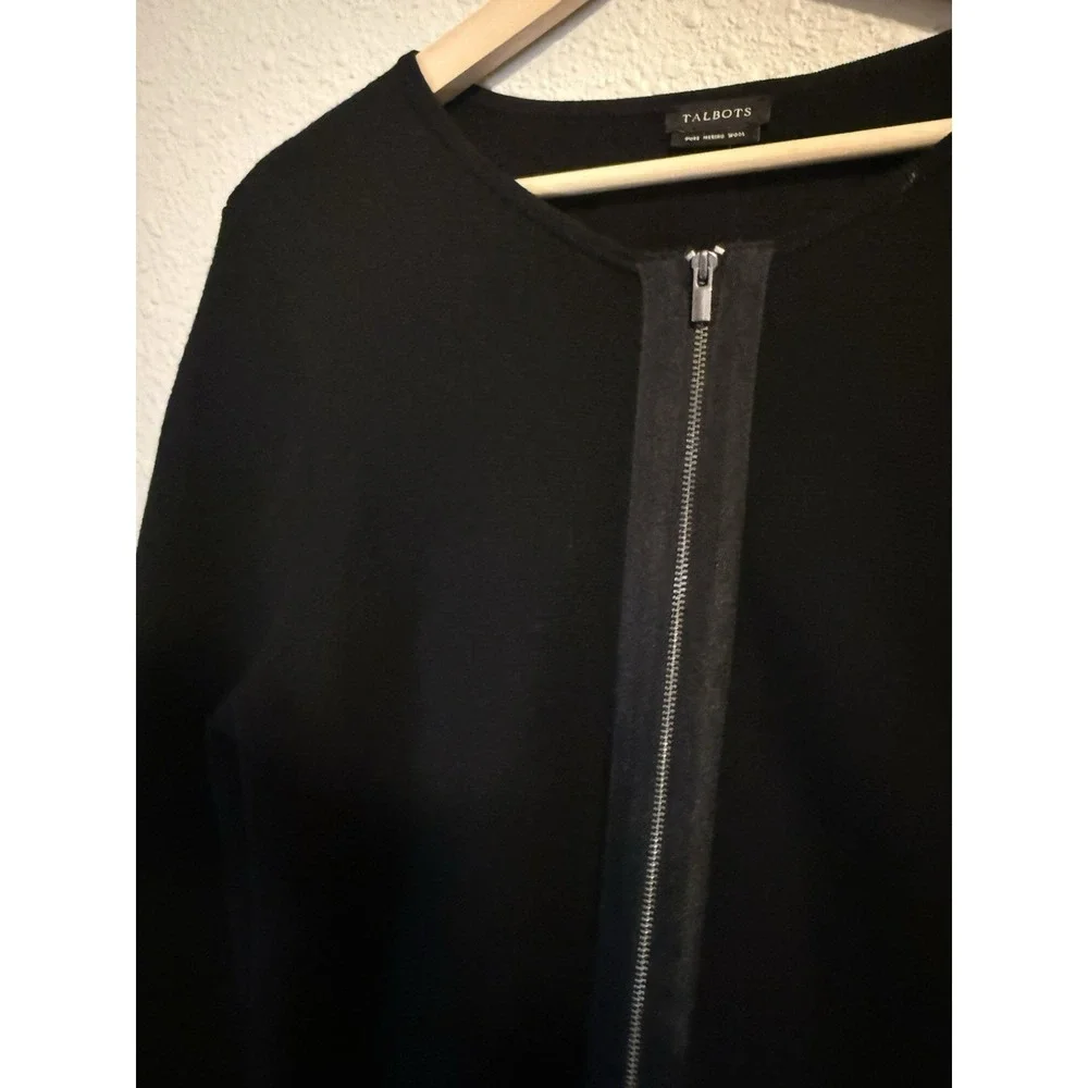 Talbots 100% Wool Long Sweater Tunic Midi Cardigan Jacket Black Full Zip Women L